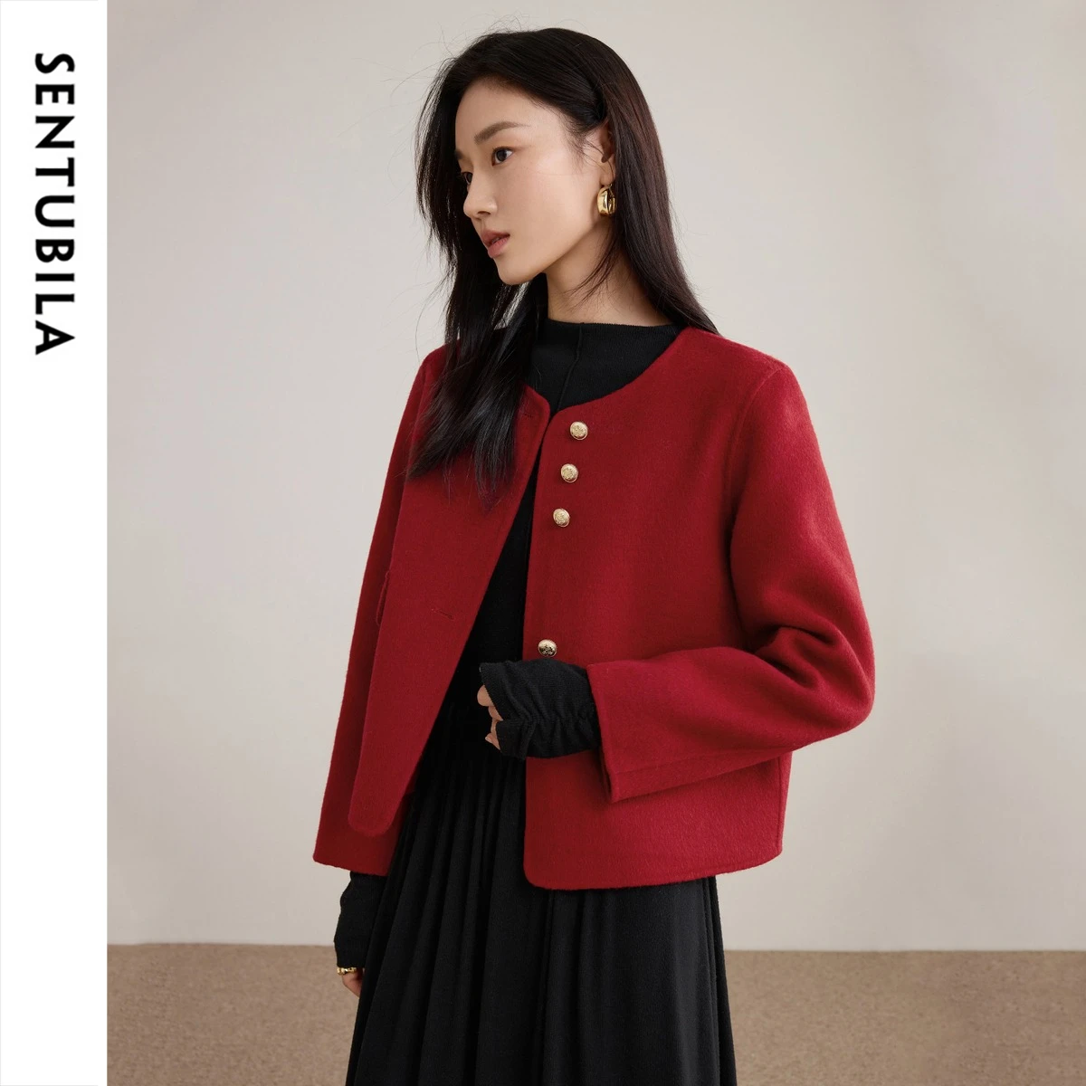 SENTUBILA Women Elegant Coat 2026 Winter 100% Wool Double‑Faced Round Neck Warm Petite Short Woolen Commute Outerwear W54OF8771