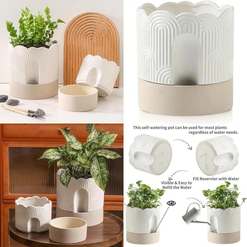 

Горшок для полива Nihow Sel или комнатных растений с фитилем: 8-дюймовый цветочный горшок с дренажным отверстием и хранилищем воды — дизайн Relie —