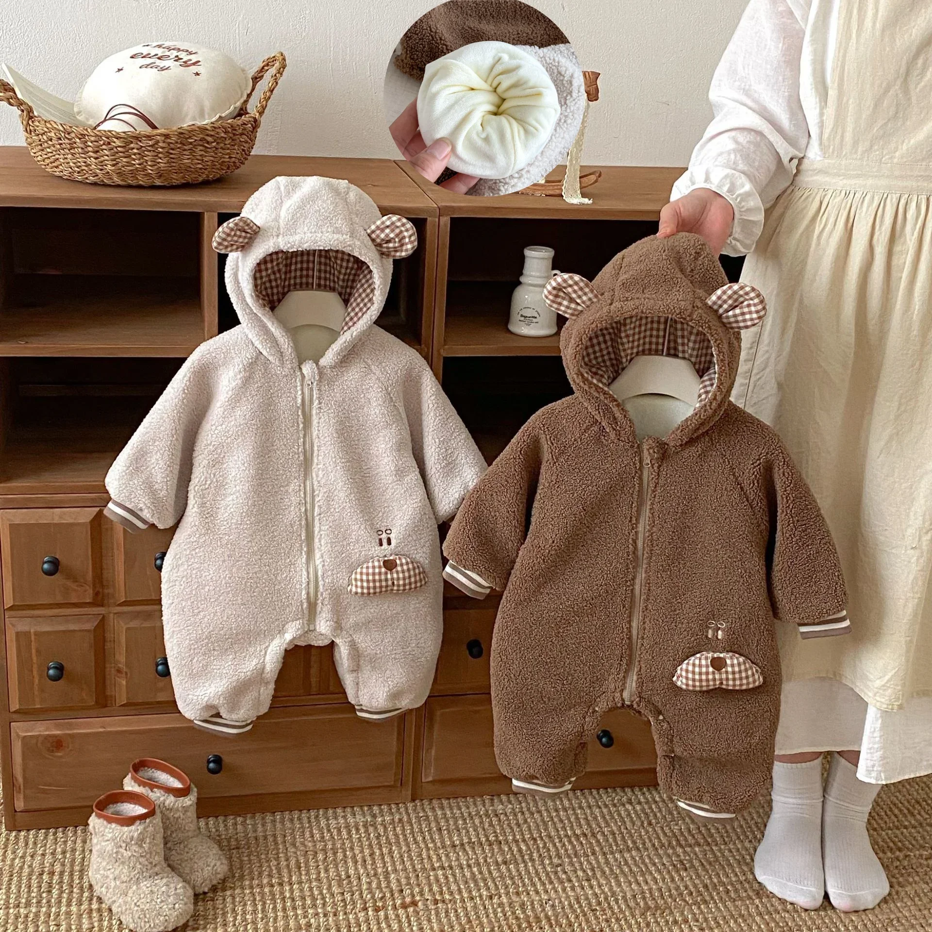 

Baby Fleece Cartoon Bear Ear Hooded Romper 0-2Y Newborn Warm Skin-Friendly Lining Onesie Jumpsuit Infant Girl Boy Winter Outfit