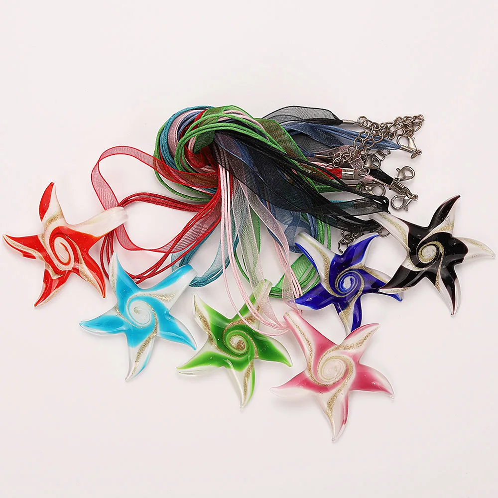 Fashion Wholesale 6pcs Handmade Murano Lampwork Glass Mix Color Reticular Starfish Pendants Charms Necklace Hot necl0051