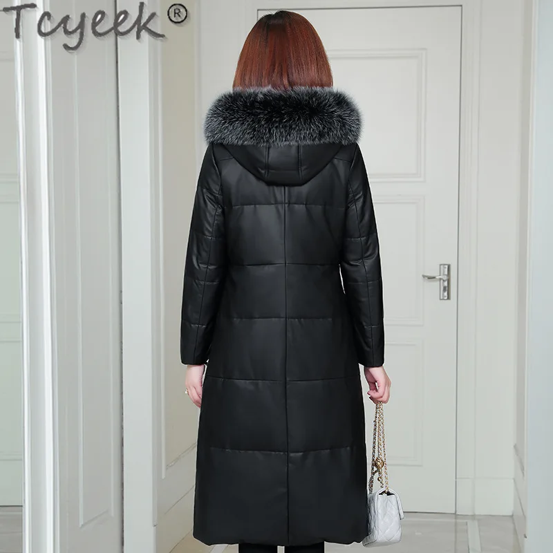 Tcyeek Daunenjacke aus echtem Leder, Winterjacken für Damen, warmer Fuchspelzkragen, mittellanger Schaffellmantel, Damenbekleidung mit Kapuze