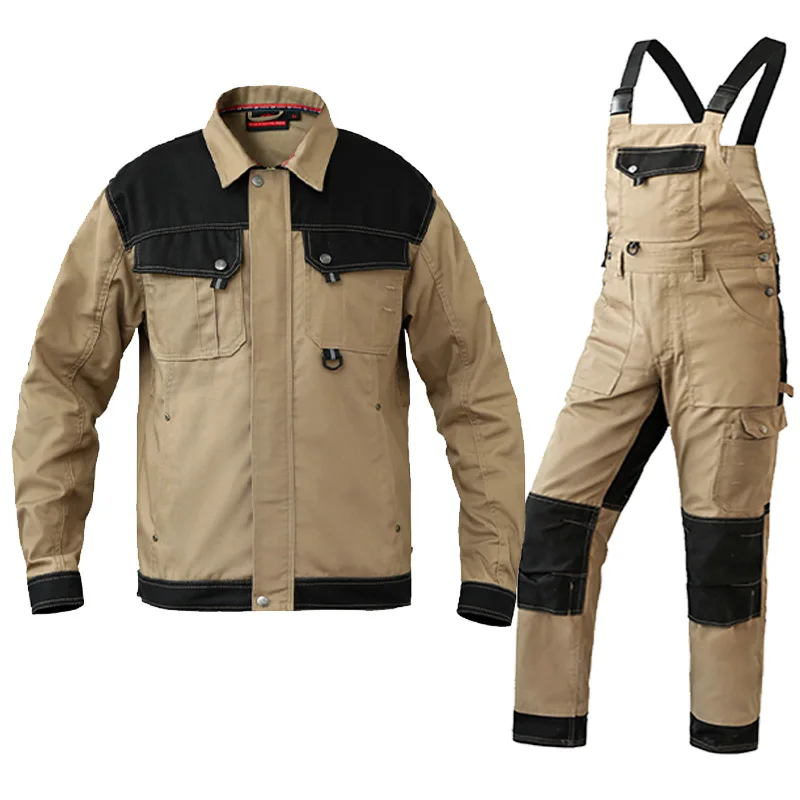 Workwear Men Jacket Khaki Work Jacket Overalls Multi-pocket Wear-resistant Working Pants Men with Knee Pads