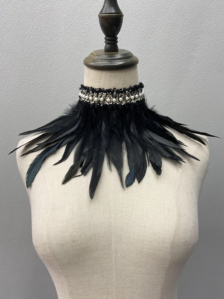 Cuello falso de plumas negras con perlas de encaje, bufanda Sexy, cubierta de cuello de plumas, fiesta de Halloween de decoración de accesorios de