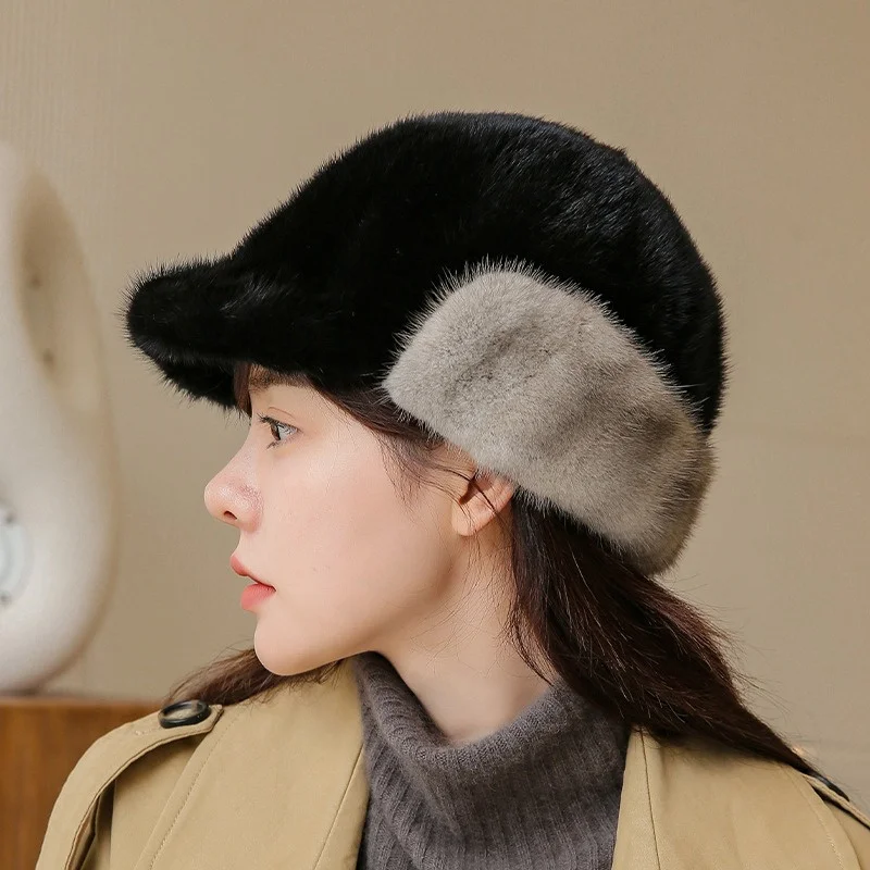 Solid Color Uniform Size Fur Hat Winter Women's Mink Fur Ear Protection Cap Luxury Warm Duck Tongue Fur Hat