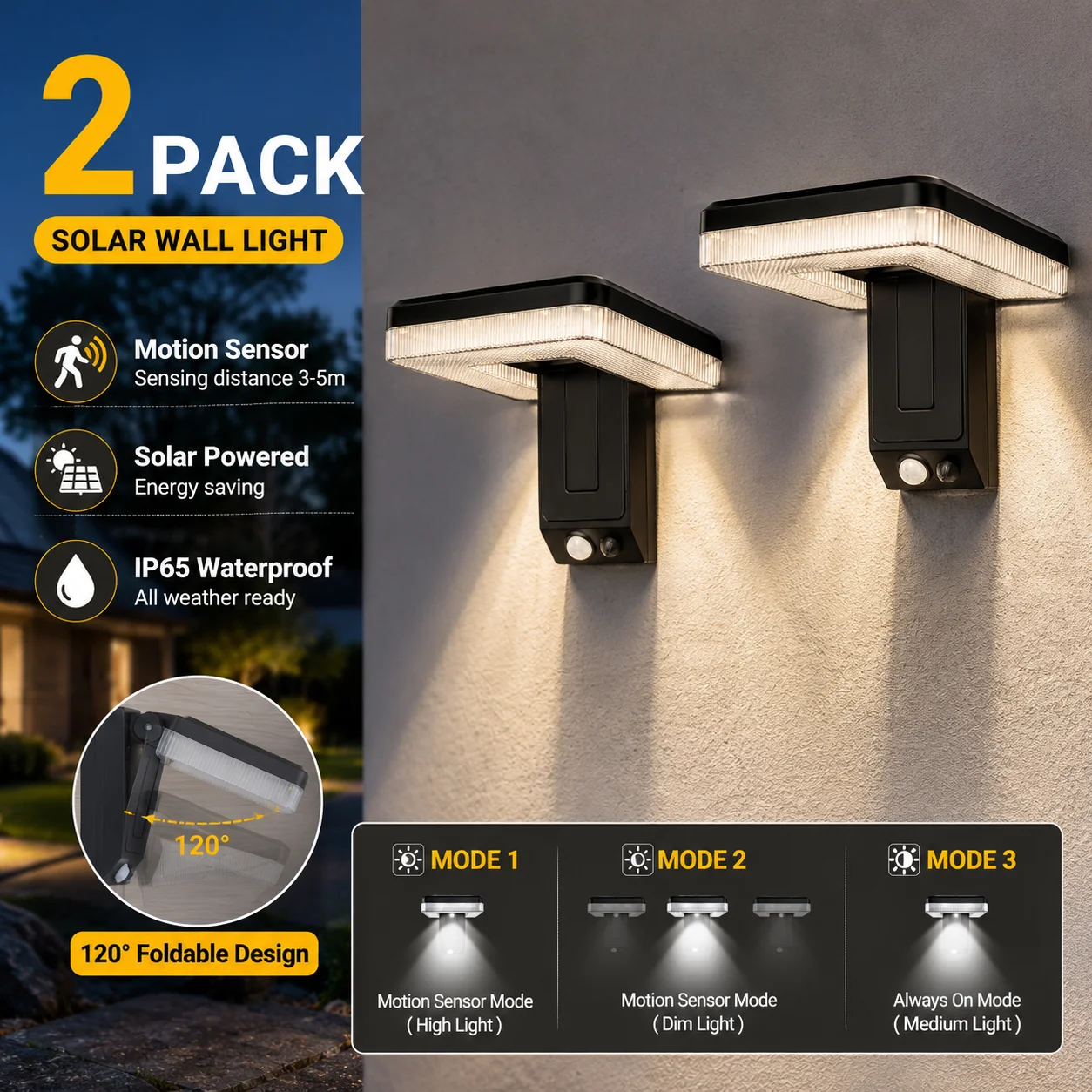 Foldable Solar Wall Light 120° Adjustable Motion Sensor Outdoor Lamp 3 Modes Waterproof Solar Spotlight for Garden Yard Street