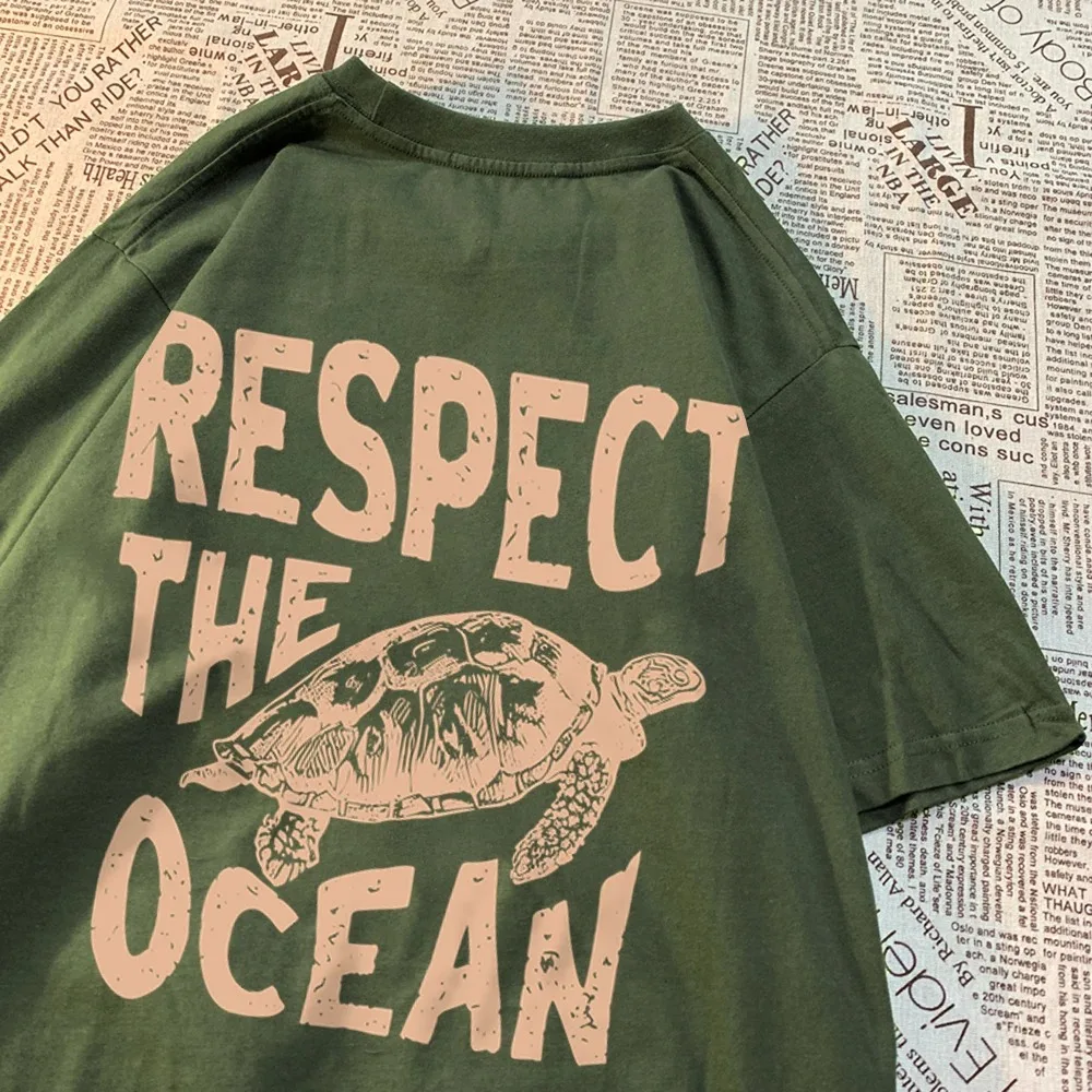 Respect The Ocean Green Turtle T Shirt Men loose Clothes Hip Hop Breathable Short Sleeve Harajuku Summer Cotton T-Shirt