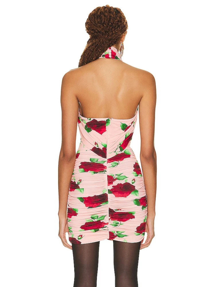 Summer Halter Neck Floral Print Backless Mini Dress Women Tie Flower Sleeveless Hollow Out Ruched Slim Dress Party Evening Club