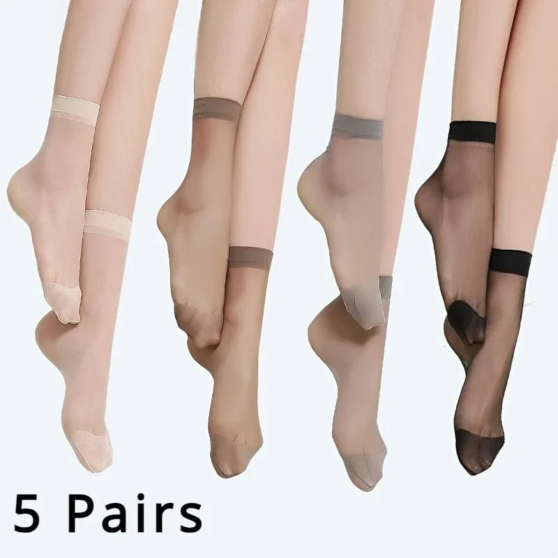 5Pairs Women Summer Ultra-thin Crystal Socks Ankle Socks Invisible Anti-snag Socks Women's Stockings & Hosiery