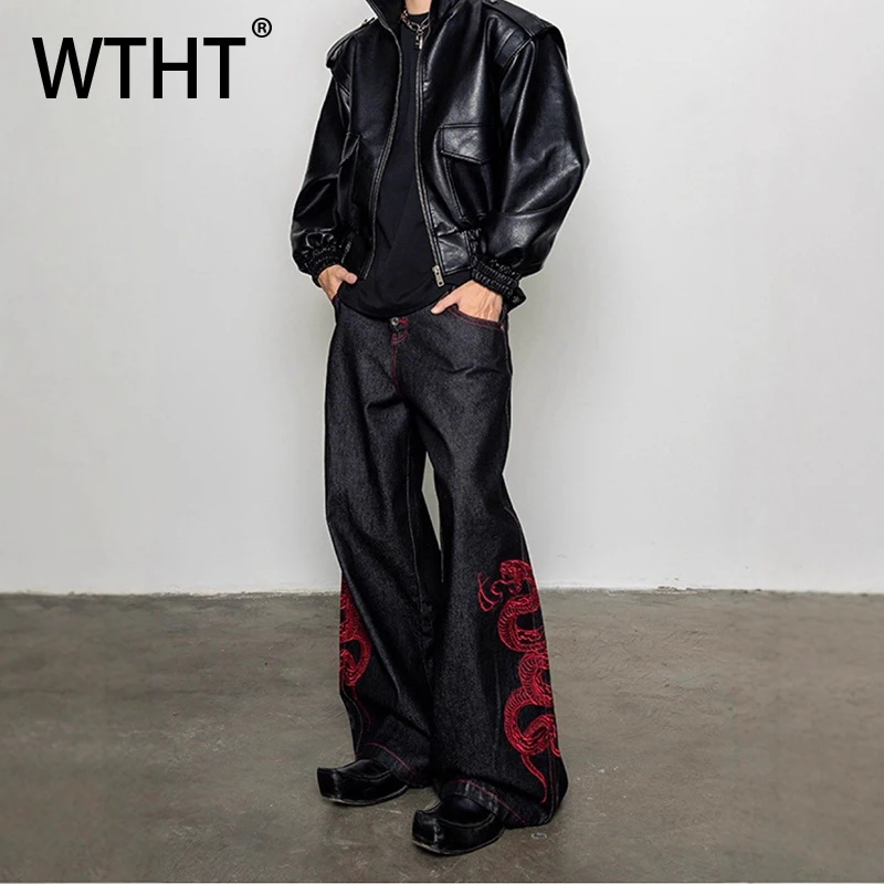 

WTHT винтажные мужские тяжелые непросторонние джинсовые брюки контрастного цвета с вышивкой, модные широкие джинсы с высокой талией, мужские джинсы, осень 2023, 2A2409
