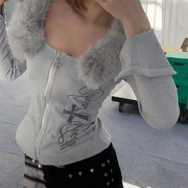 

Американская сексуальная уличная куртка с длинными рукавами, плюшевым воротником и молнией, модная куртка в стиле «spicy girl» для весны и осени.