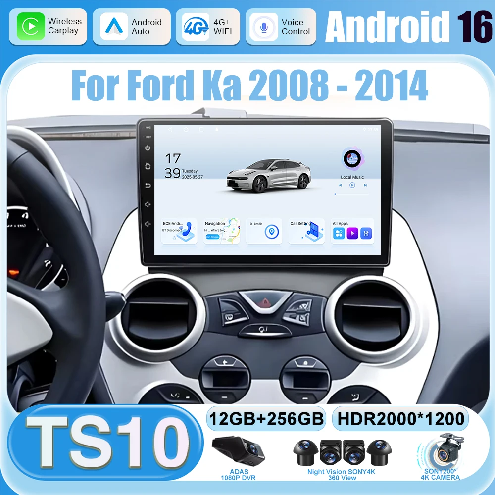 High-performance Android 16 For Ford Ka 2008 - 2014 Auto Radio Stereo Car Multimedia Video Player GPS Navigation No 2din DVD 5G