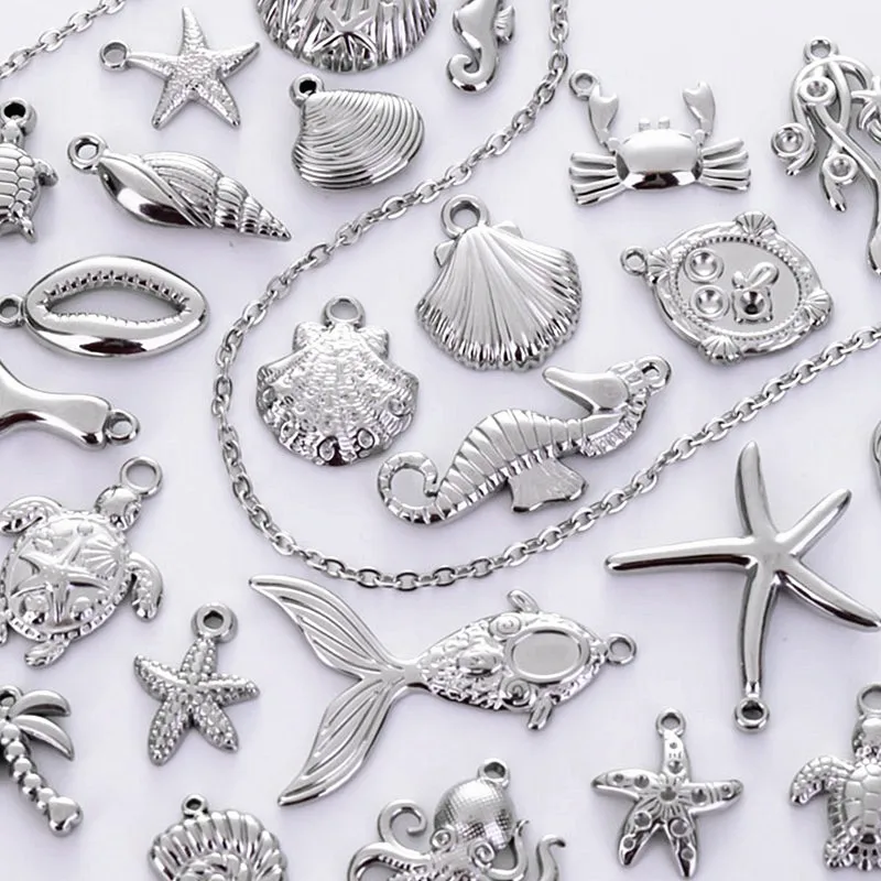 6pcs No Tarnish Ocean Marine Organism Stainless Steel Charms For Jewelry Making Supplies Fish Shell Crab Starfish Spiral Pendant