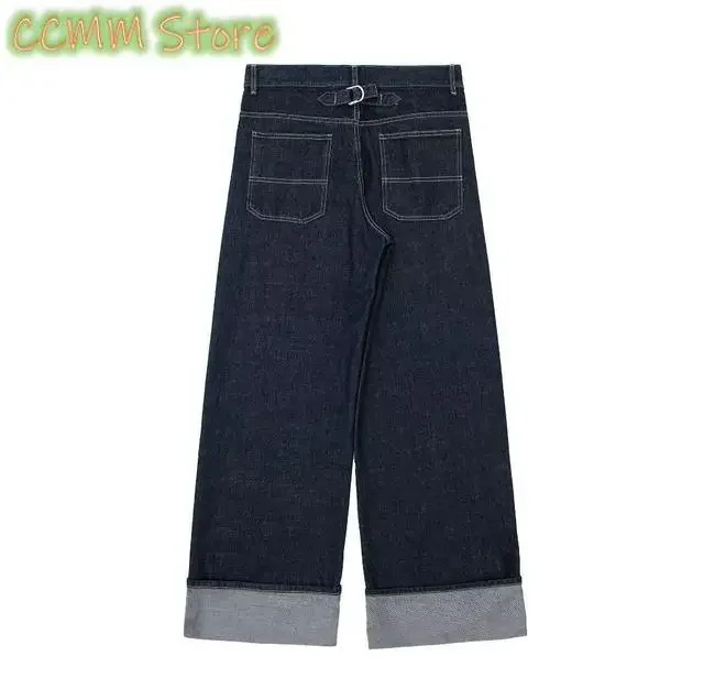Women Fashion High Street Jeans Denim Dark Blue High Waist Zipper Fly Rolled Leg Trouser Loose Casual Wide Leg Pant Jeans
