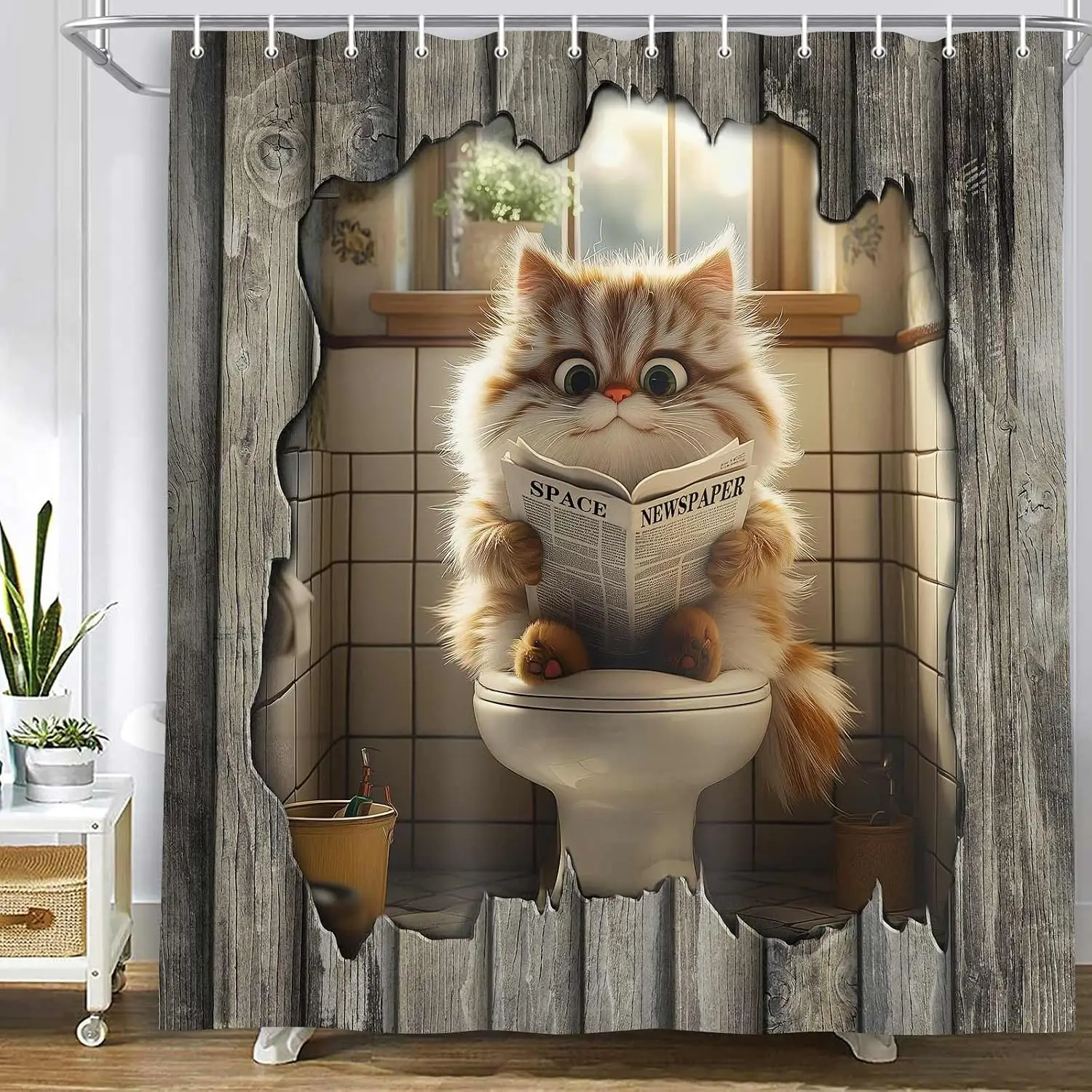 Funny Cute Cat Reading Newspaper Shower Curtain Waterproof Novelty Bathroom Decor Accessories Pet Lover Gift Home Unique Funny
