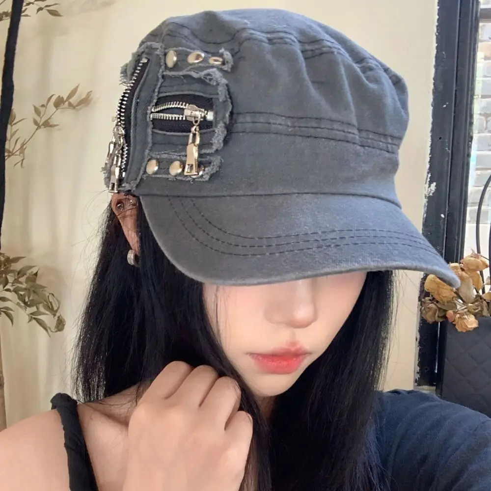 Personality Cloth Rivet Denim Beret Zippers Y2k Equestrian Hat Fashion Korean Style Retro Baseball Cap Ladies