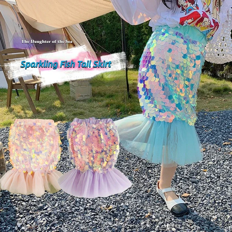 New Summer Girls Skirts Children‘s Half Dress Mini Skirt Daughter Of The Sea Blue Mermaid Princess Dress Special Sequins Dress