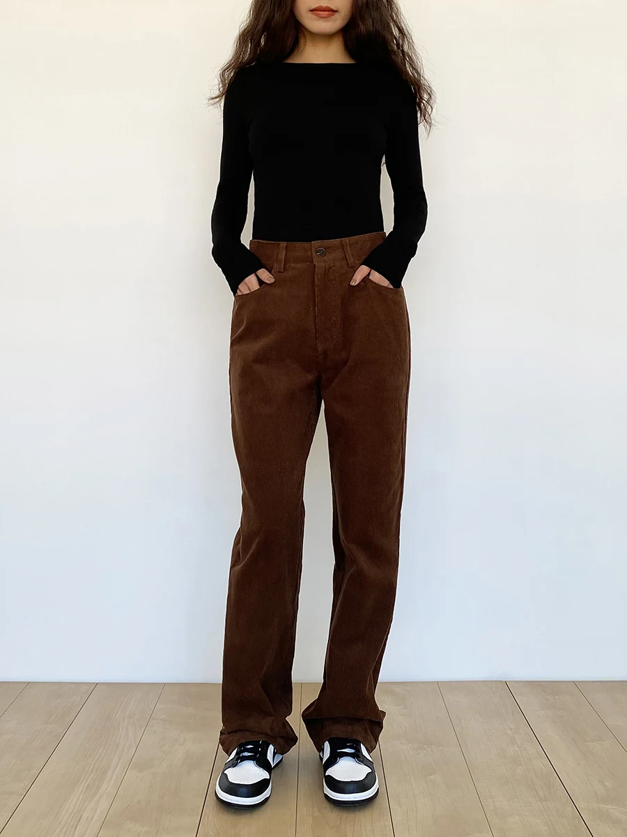 

Swagal женские свободные прямые вельветовые повседневные брюки с высокой талией, осень-зима, винтажные универсальные брюки кофейного цвета на молнии...