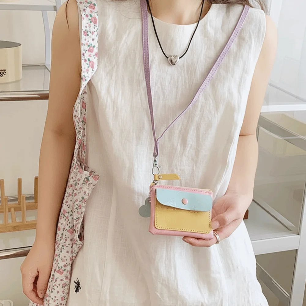 

Casual Macaron Color Hanging Neck Wallet Lanyard Keychains Zipper Coin Purse Thin PU Leather Card Holder Women