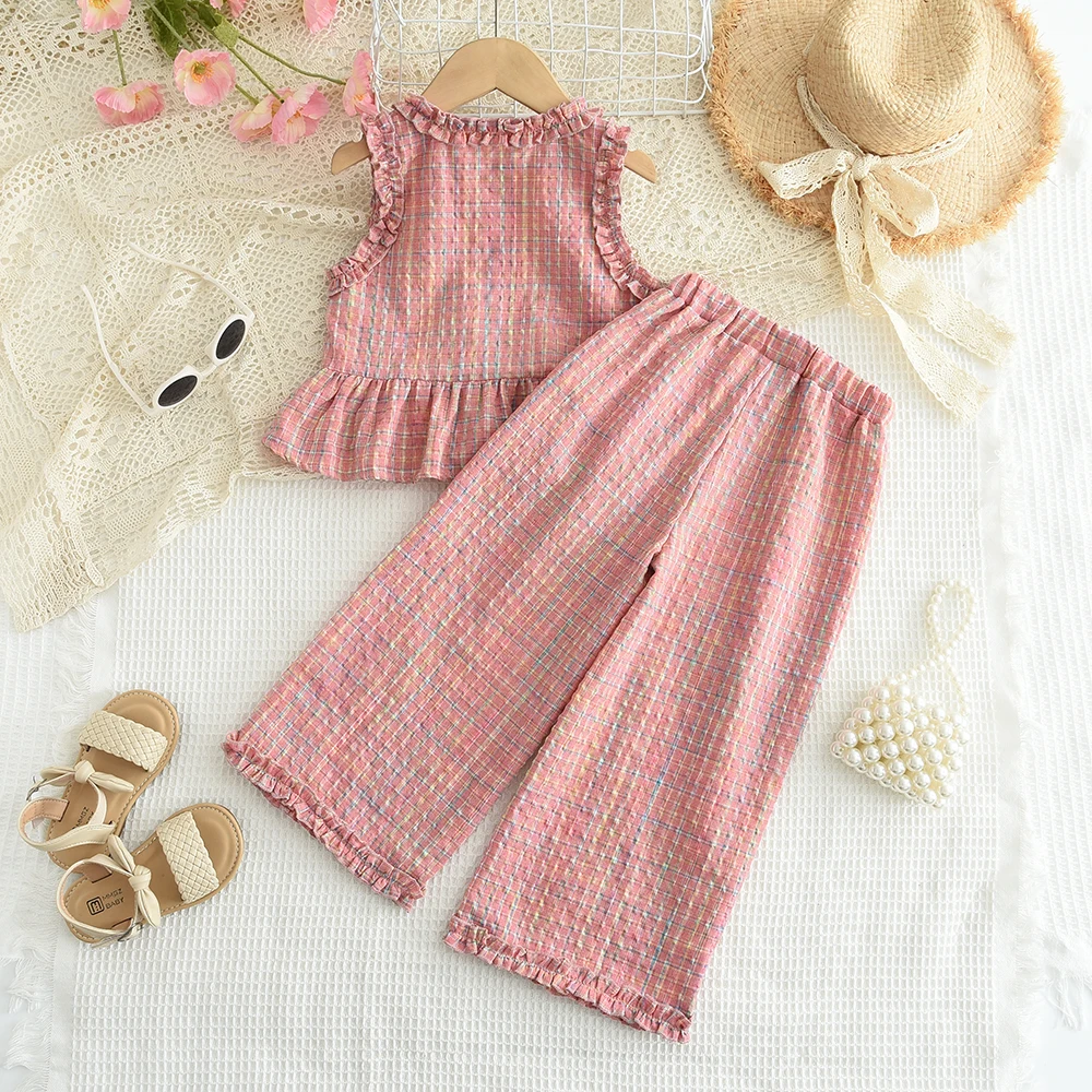 Bear Leader Summer Kids Fashion Outfits Girls Clothing Sets Pink Plaid Sleeveless Top + Wide Leg Pants Lace Two-piece Suits image 5
