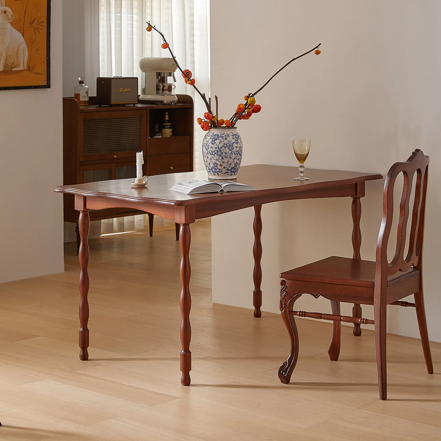 French wave dining table solid wood retro petal solid wood rectangular antique table small household