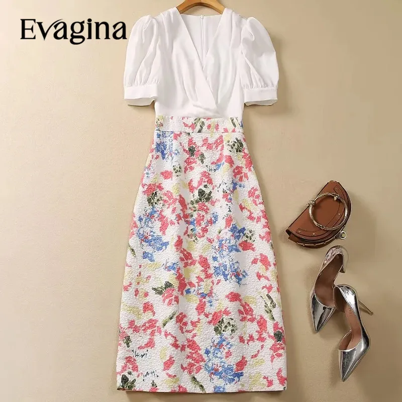 

Evagina Fashion Designer Women's 2024 Spring New V-Neck Short-Sleeved White Patchwork Jacquard Office Lady Mid-Length Dress