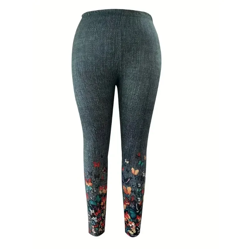 Women Casual Leggings 1XL-5XL Plus Size  Women\'s  Butterfly Print Elastic High Rise Slight Stretch Leggings