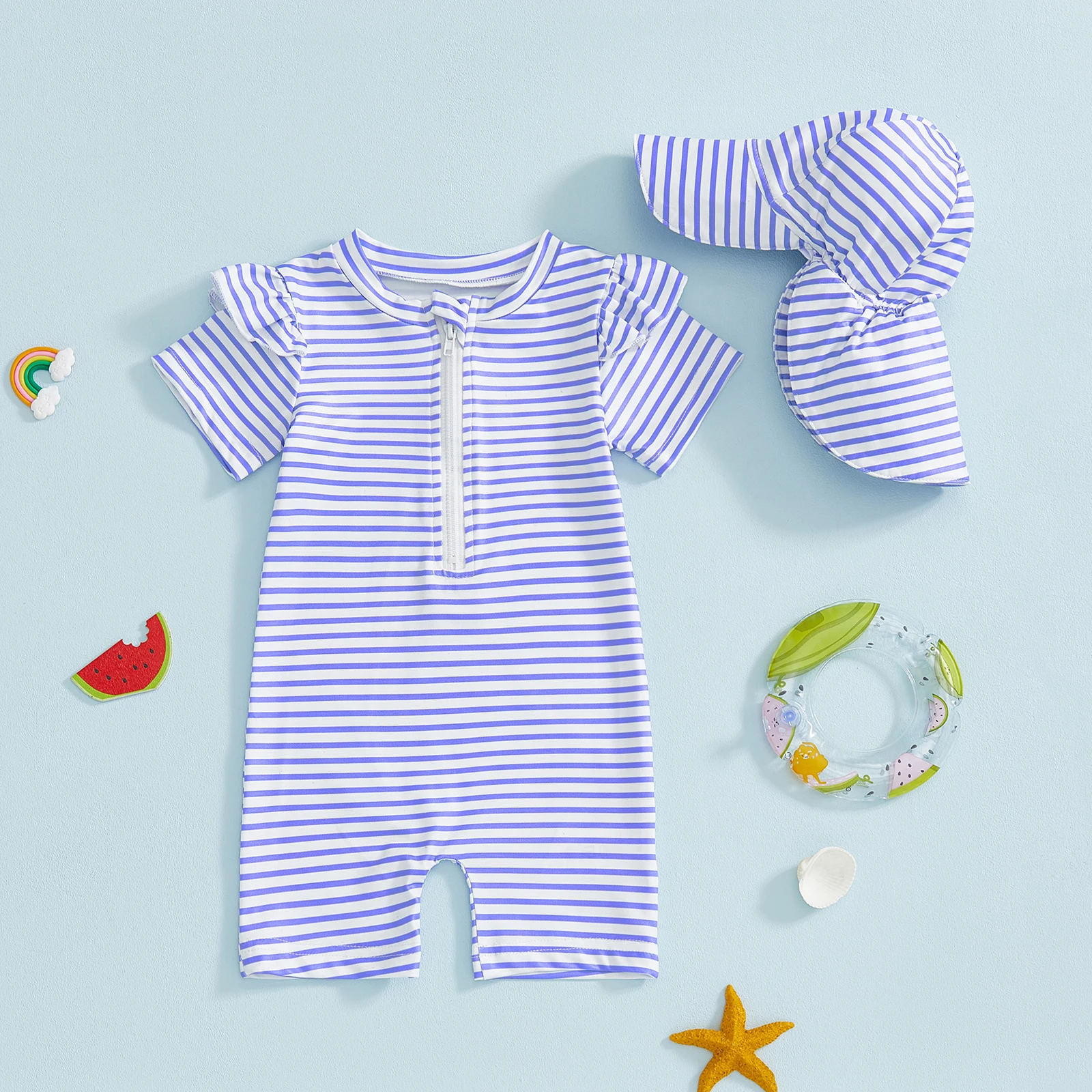 ملابس سباحة للفتيات الصغيرات مع قبعة مكونة من قطعتين، ملابس سباحة مخططة مكشكشة وسحاب وأكمام قصيرة