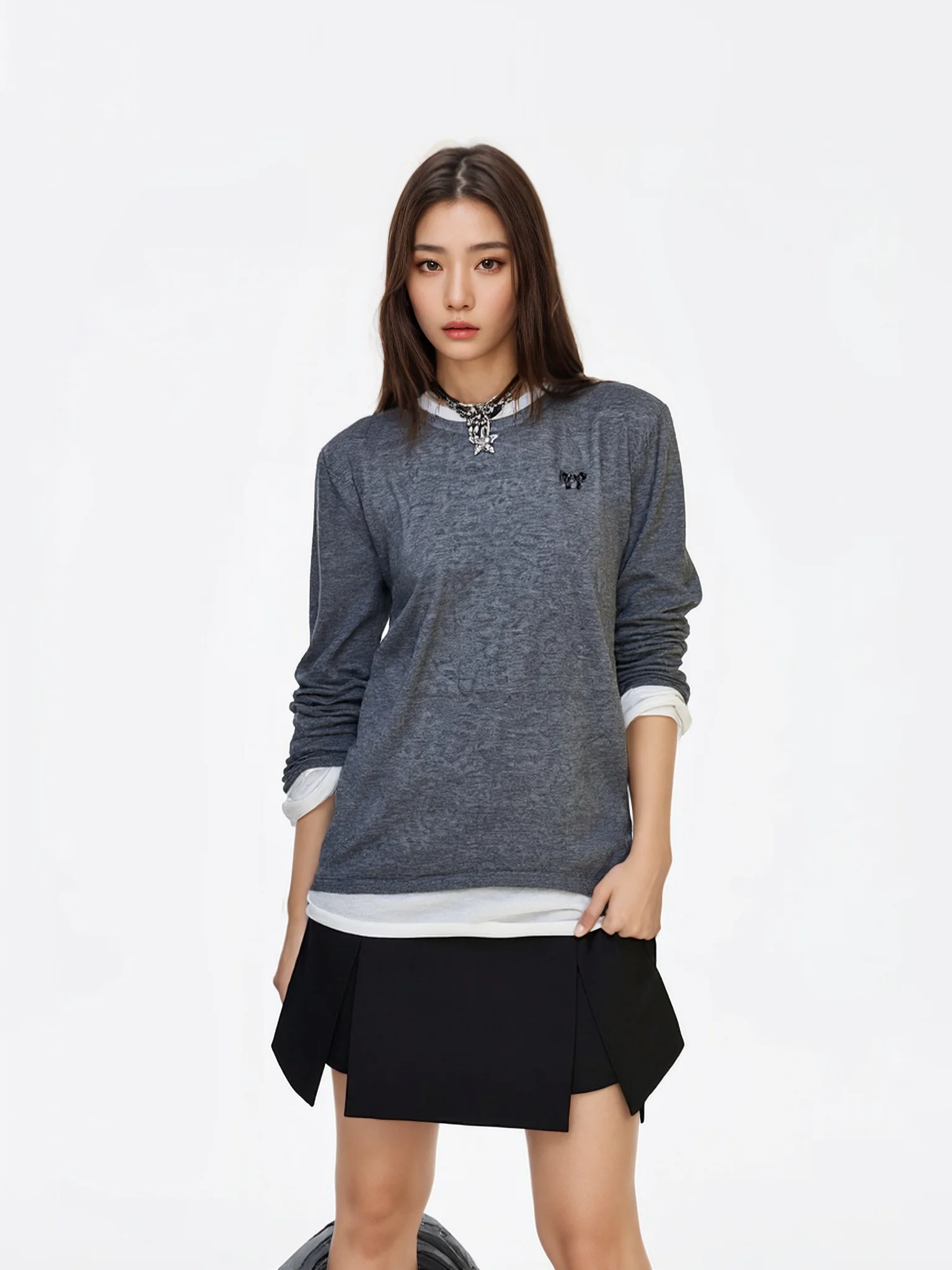 

BW Slim Fit Casual Versatile Long Sve Knitted Base irt ey Cotton Polyester Blend round Ne T-irt for Women