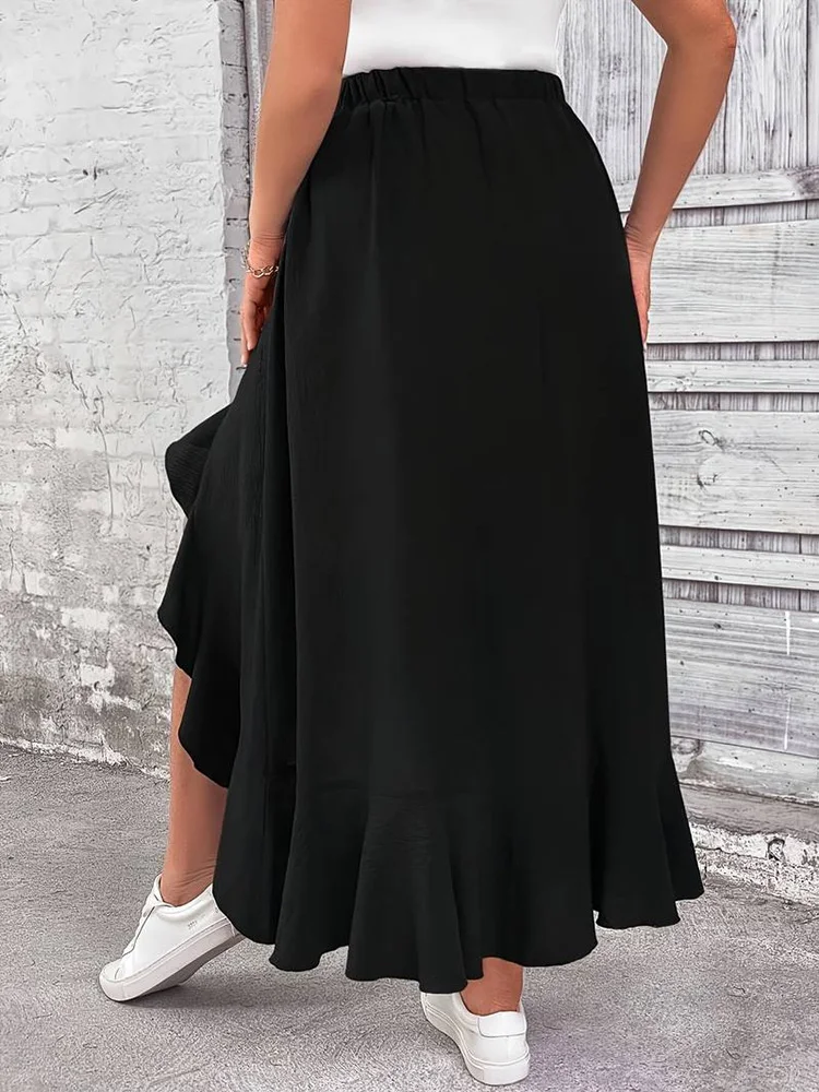 GIBSIE Plus Size Casual Irregular Ruffle Hem Black Skirt Women's Spring Summer High Waist Fashion A-line Long Skirts For Women