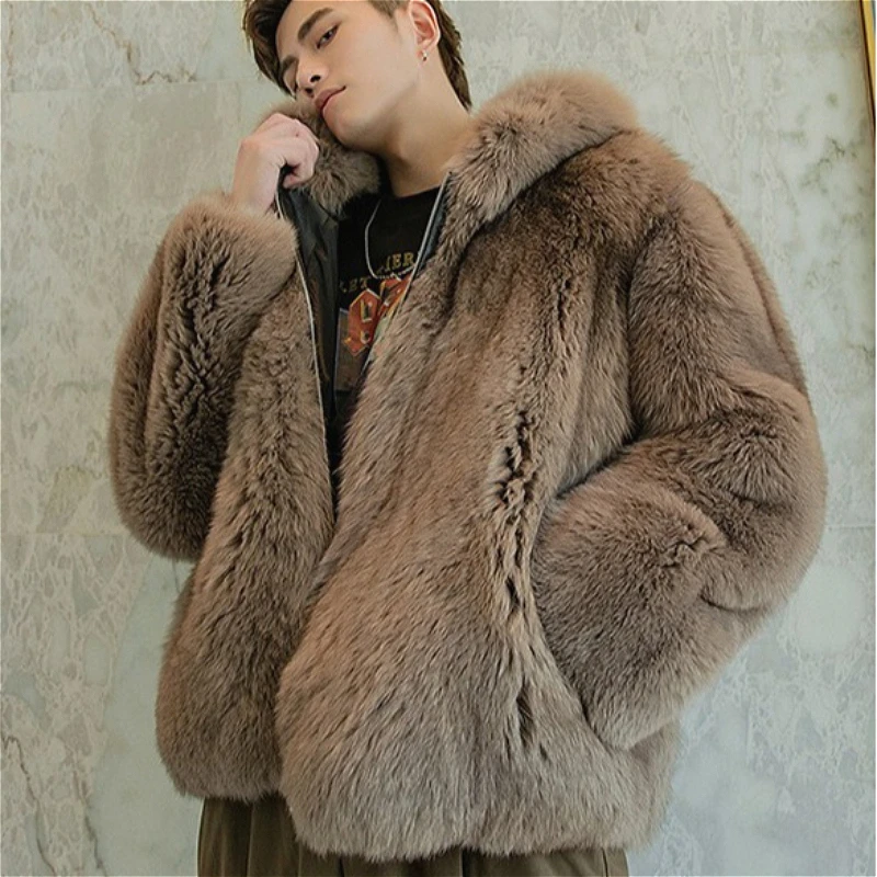 2026 Punk Men Faux Fur Short Coats Jackets Hooded Zipper Coat Thick Streetwear Jacket Work Outerwear Casual Loose Autumn Winter