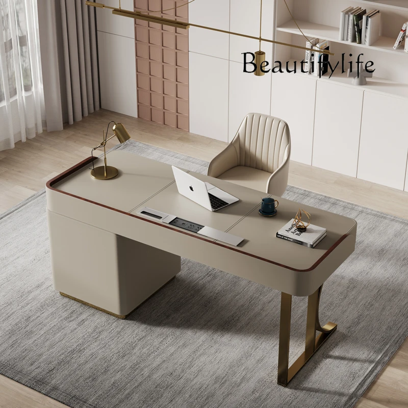 مكتب إيطالي حديث وبسيط، مكتب من الجلد، طاولة كمبيوتر لغرفة المعيشة، مكتب كتابة من الخشب الصلب
