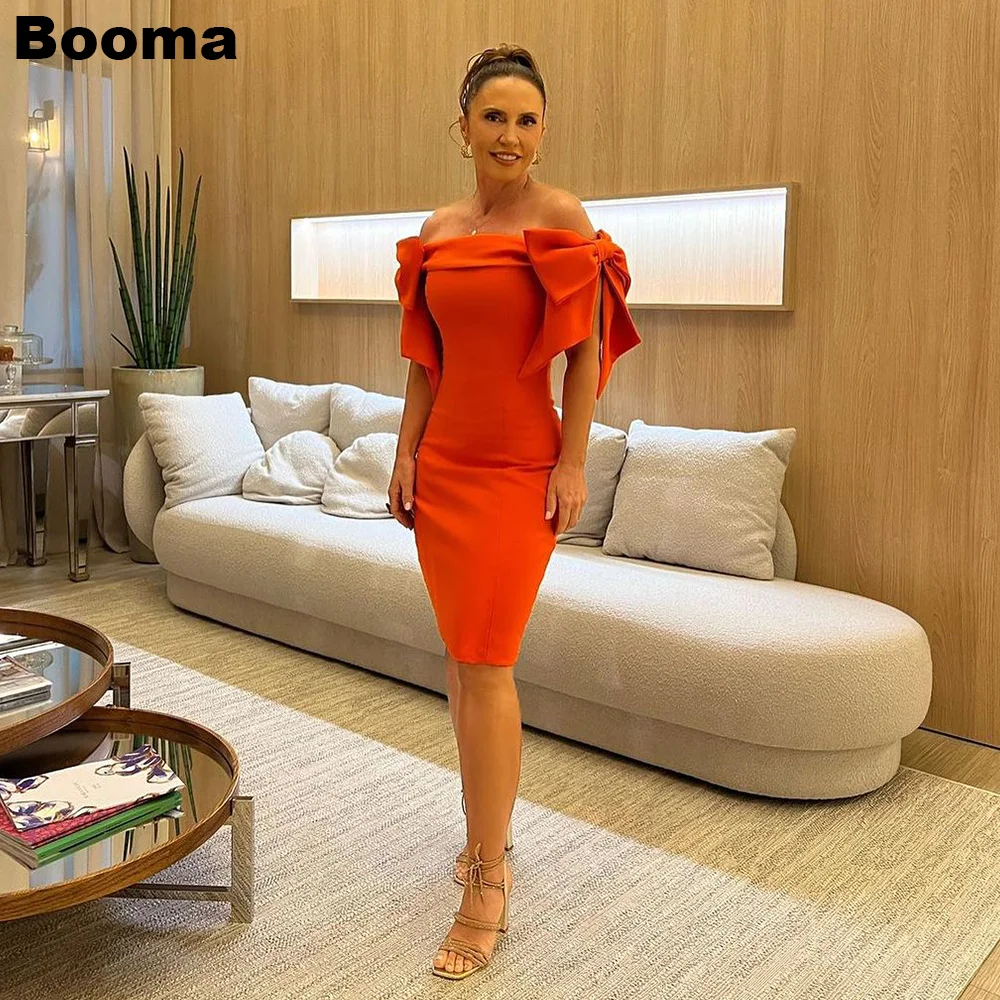 

Booma Orange Mini Prom Dresses Boat Neck Stian Party Cocktail Dress Big Bow Knee Length Formal Evening Gown for Women Customized