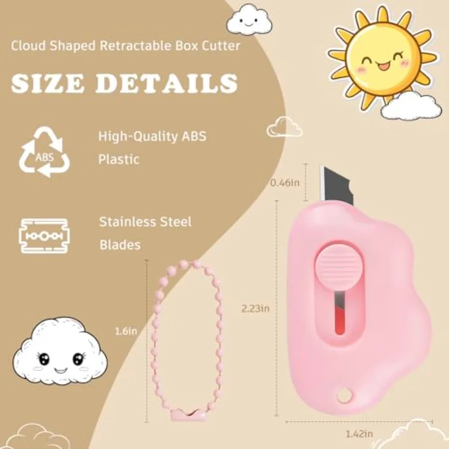 Paquete de 6 Cortadores de Cajas Retráctiles Cloud con Anillos para Llaves - Diseño de Retracción Automática Seguro, Mini Cortador de Papel para Cajas, Paquetes, Correo y Sobres