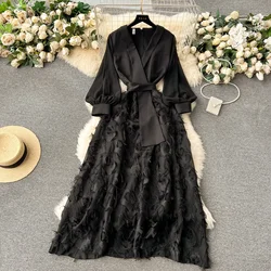 Chic Sexy puff sleeve PATCHWORK Dress Vintage Evening Party Club Women fold Chic Goth Slim fish tail dresses