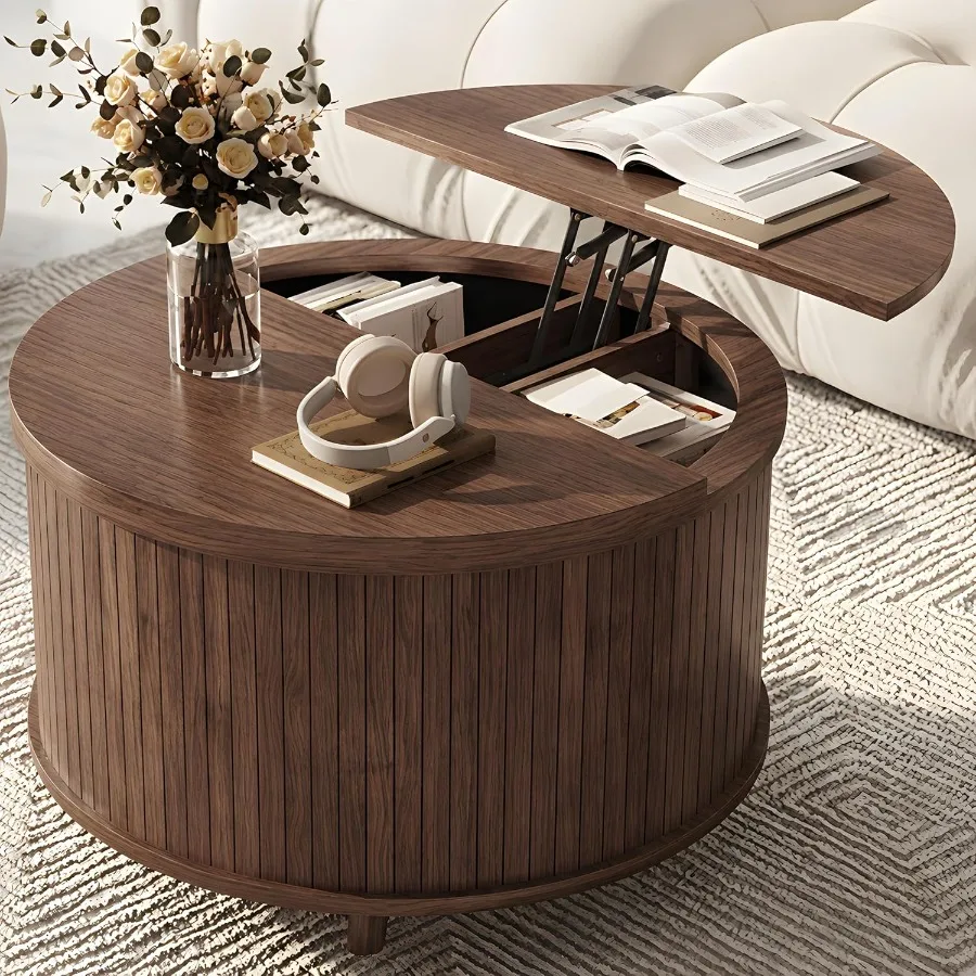 Lift Top Coffee Table for Small Spaces, 31.5 Mid-Century Modern Wooden Round Table with Storage, Circle Fluted Center Table for