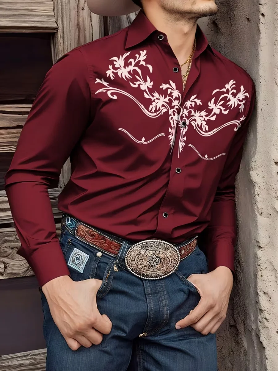 

New men's retro art print casual shirt, long-sleeved shirt, classic outdoor streetwear shirt, new western style shirt