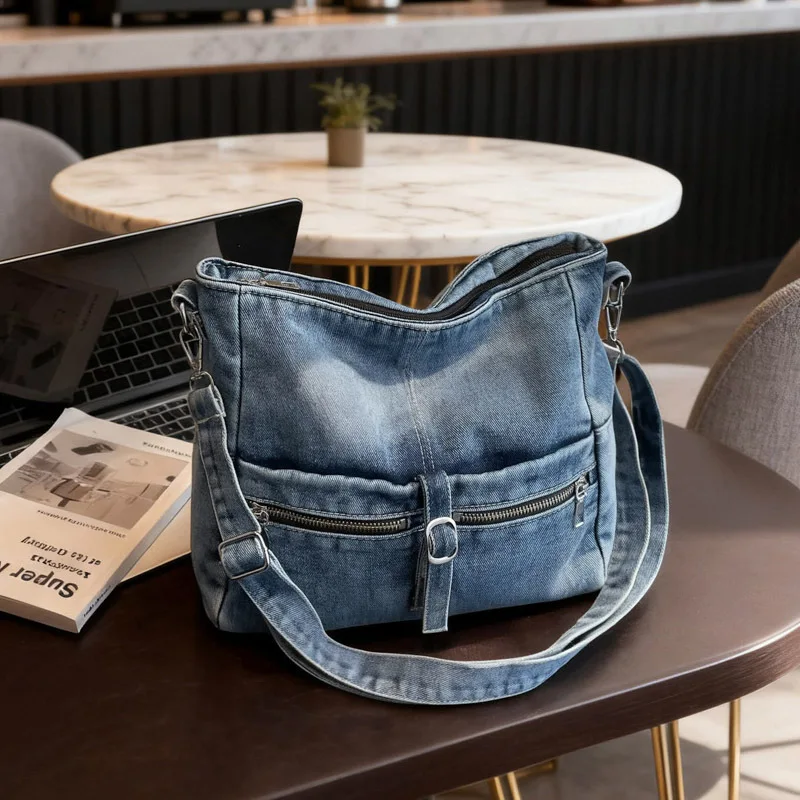 

Korean Style Commuter Shoulder Bags for Women Vintage Denim Crossbody Bags Fashionable Texture Sinple and Versatile Bucket Bag