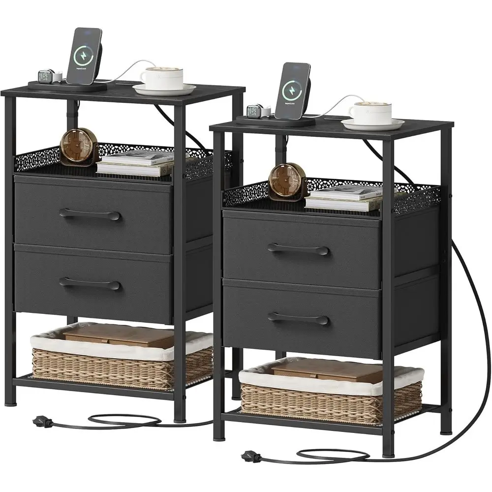 

Pair of 26.4 Tall Charging Station Nightstands with Metal Shelves, Side Tables for Bedroom in Black