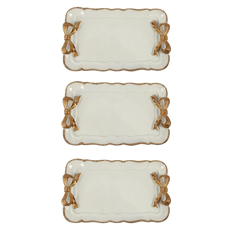 3X European Style Bow Cake Storage Trays Makeup Organizer Dessert Plate Square Decor Tray Kitchen Trays 12X20cm White