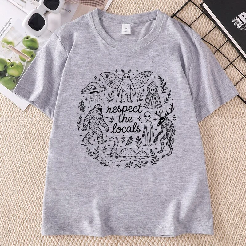 Respect The Locals Cryptid T-Shirt Comfort Bigfoot Mothman Alien Graphic Tee Cotton Short Sleeve Streetwear Crewneck Tops