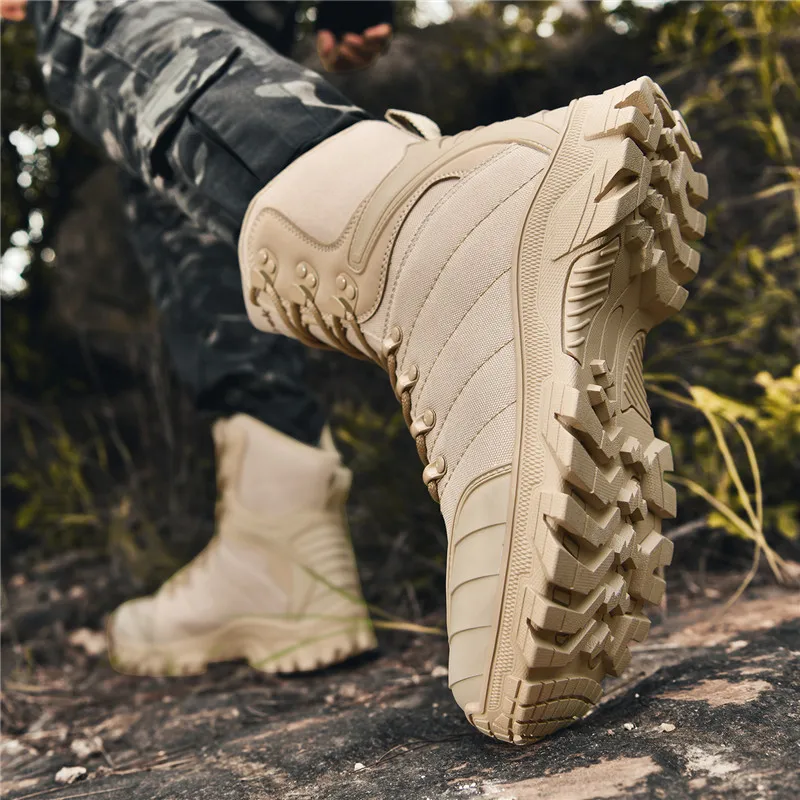 รองเท้าคอมแบทสำหรับผู้ชาย - รองเท้าเดินป่าแบบยุทธวิธีทรงสูง, รองเท้าทหารกันน้ำกันลื่นสำหรับกิจกรรมกลางแจ้ง