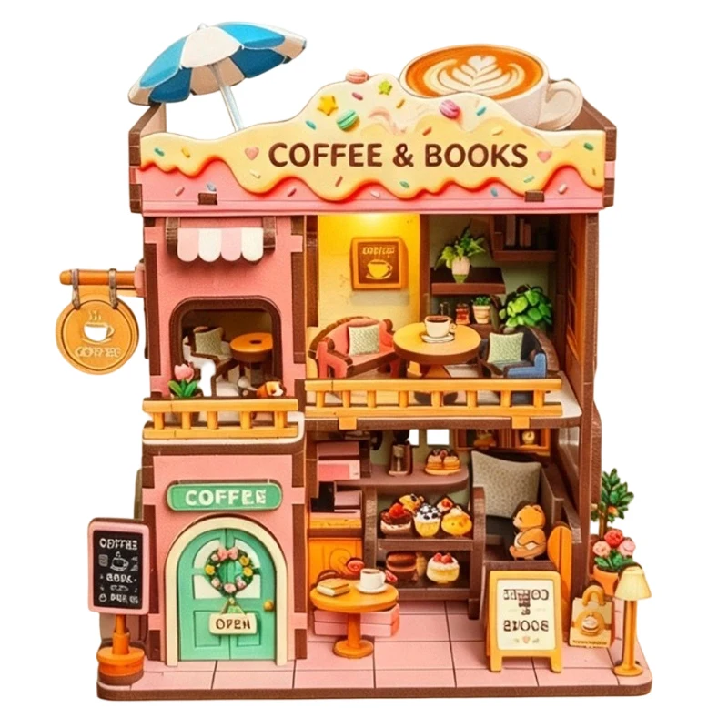 DIY Wooden Coffee Books Store Cottage Miniature Model Kits With Furniture Casa Dollhouse for Friends Birthday Gifts