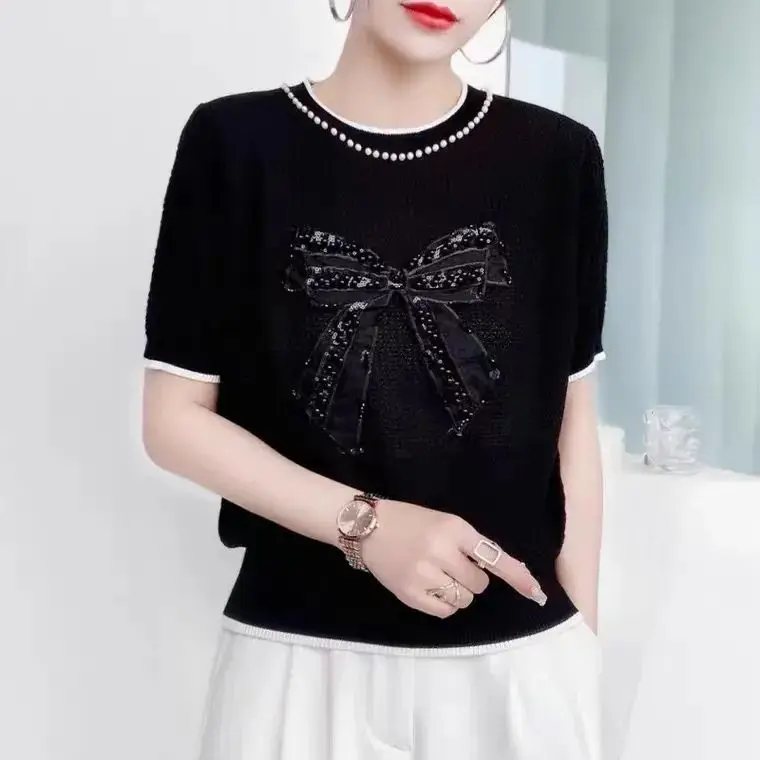 Gentle Spring Summer Short-sleeved Knitted Shirt Beaded Bow Neckline Sweater Top Bufferfly Beading Top