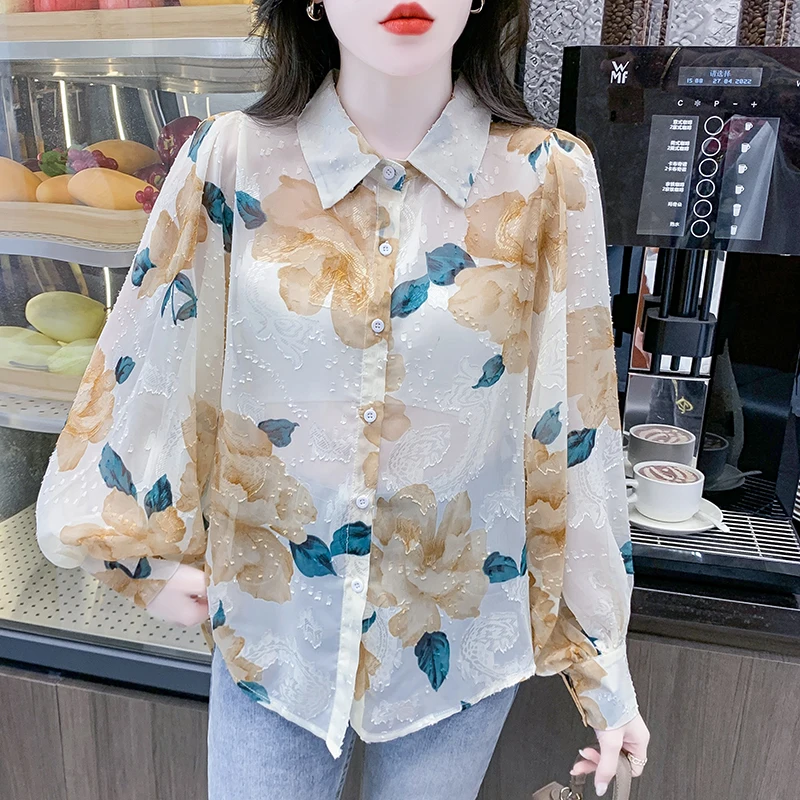 Blusa informal con estampado para mujer, camisa de manga larga con botones, moda coreana, BPy8597