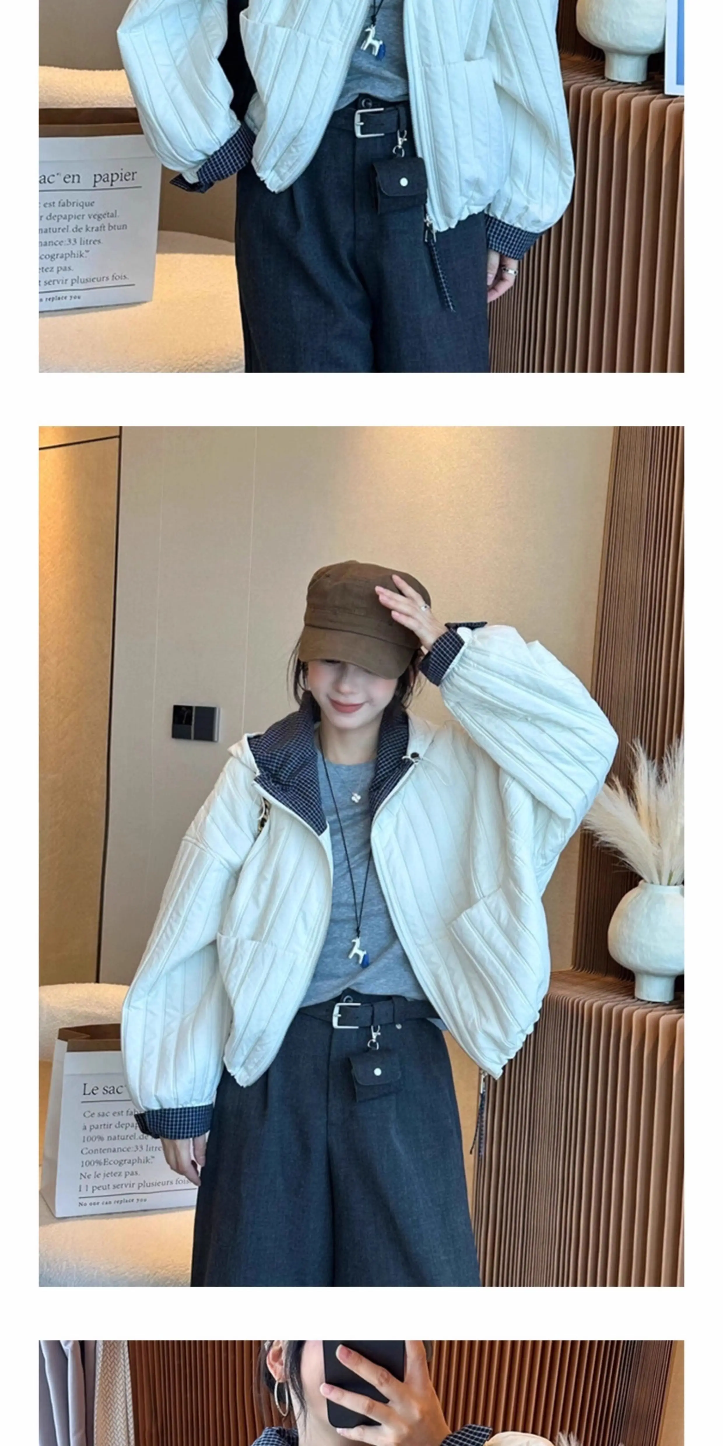 Korean Loose Hooded Plaid Patchwork Quilted Coat for Women Autumn Winter Casual Cotton Padded Jacket Women Zip Up Cropped Parkas