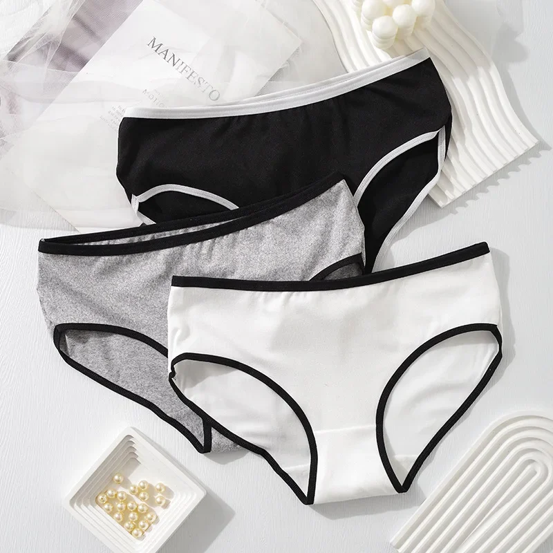 

Sports Cool Style Instagram Minimalist Girls' Underwear Mid Waist Japanese Black and White Pure Cotton Women's Triangle Top