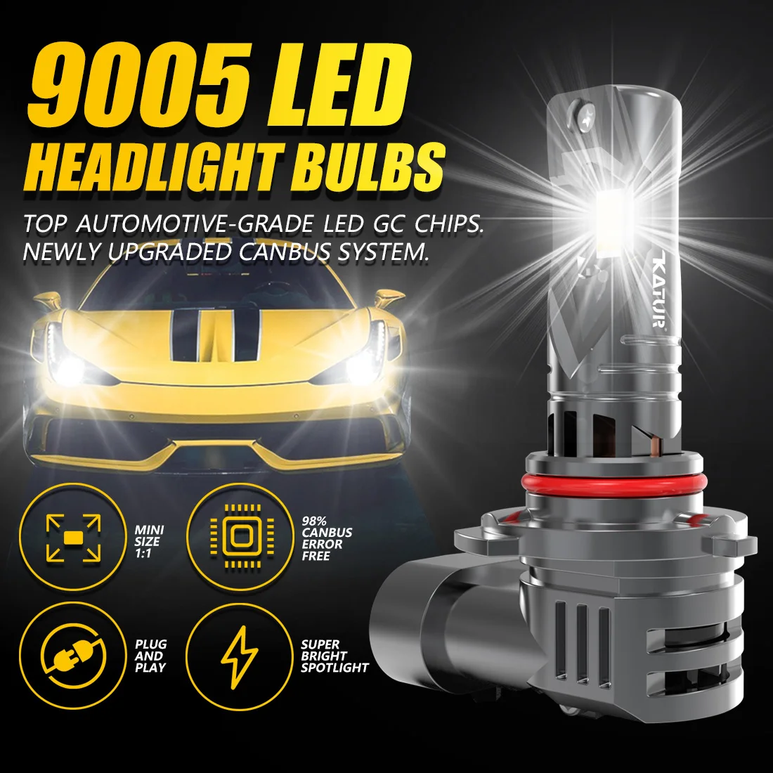 Katur 2x 9005 HB3 LED-Autoscheinwerfer, 100 W Glühbirne, Xenon, 6000 K, 20000 lm, weiße Turbo-Diodenlampen mit Lüfter, DRL, superhell, hohe Leistung – Detail 1