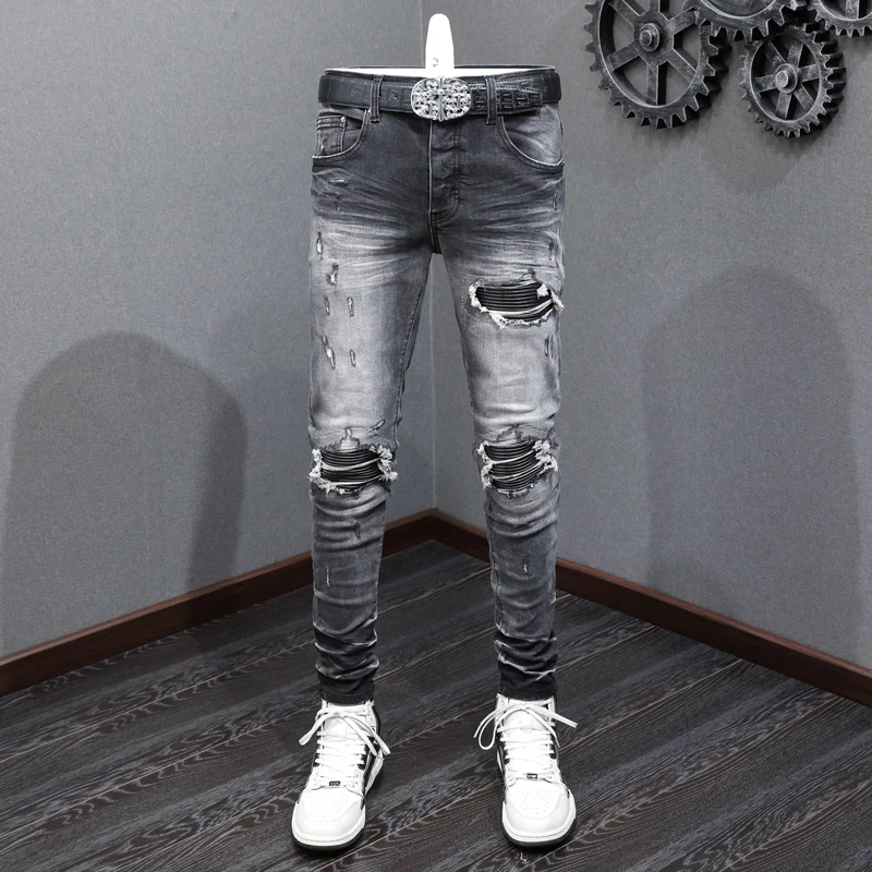 Y2K Designer Fashion New Men's Jeans Punched Black Leather Patch Washed Nostalgic Black Jeans High Street Hip Hop Brand Stretch