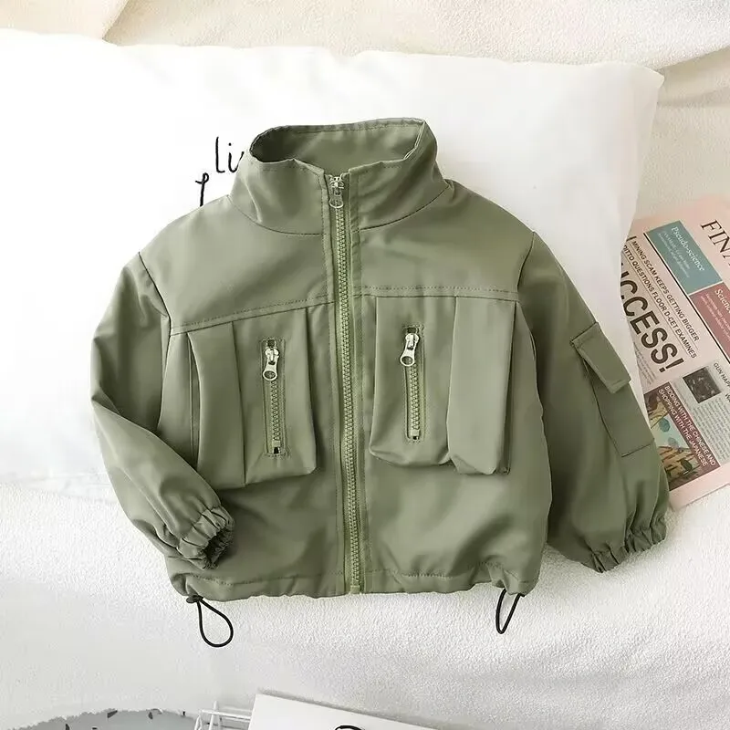 

1 to 5 Years Boys Jacket Spring and Autumn New Children's Work Jacket Green Velvet Splicing Korean Coat Kids Baby Casual Jacket