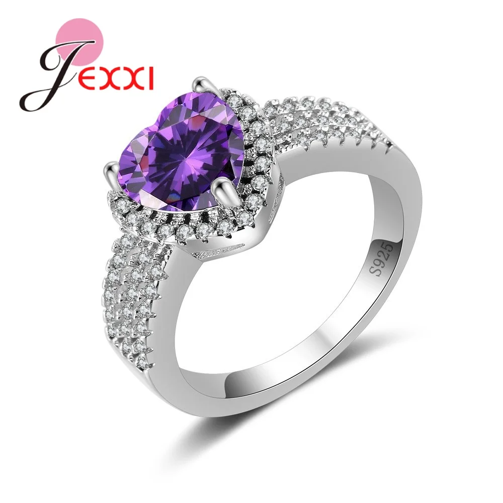 Fashion Luxury Woman Wedding Rings With Heart Purple Crystal Full White Cubic Zirconia 925 Sterling Silver Color Party Jewelry